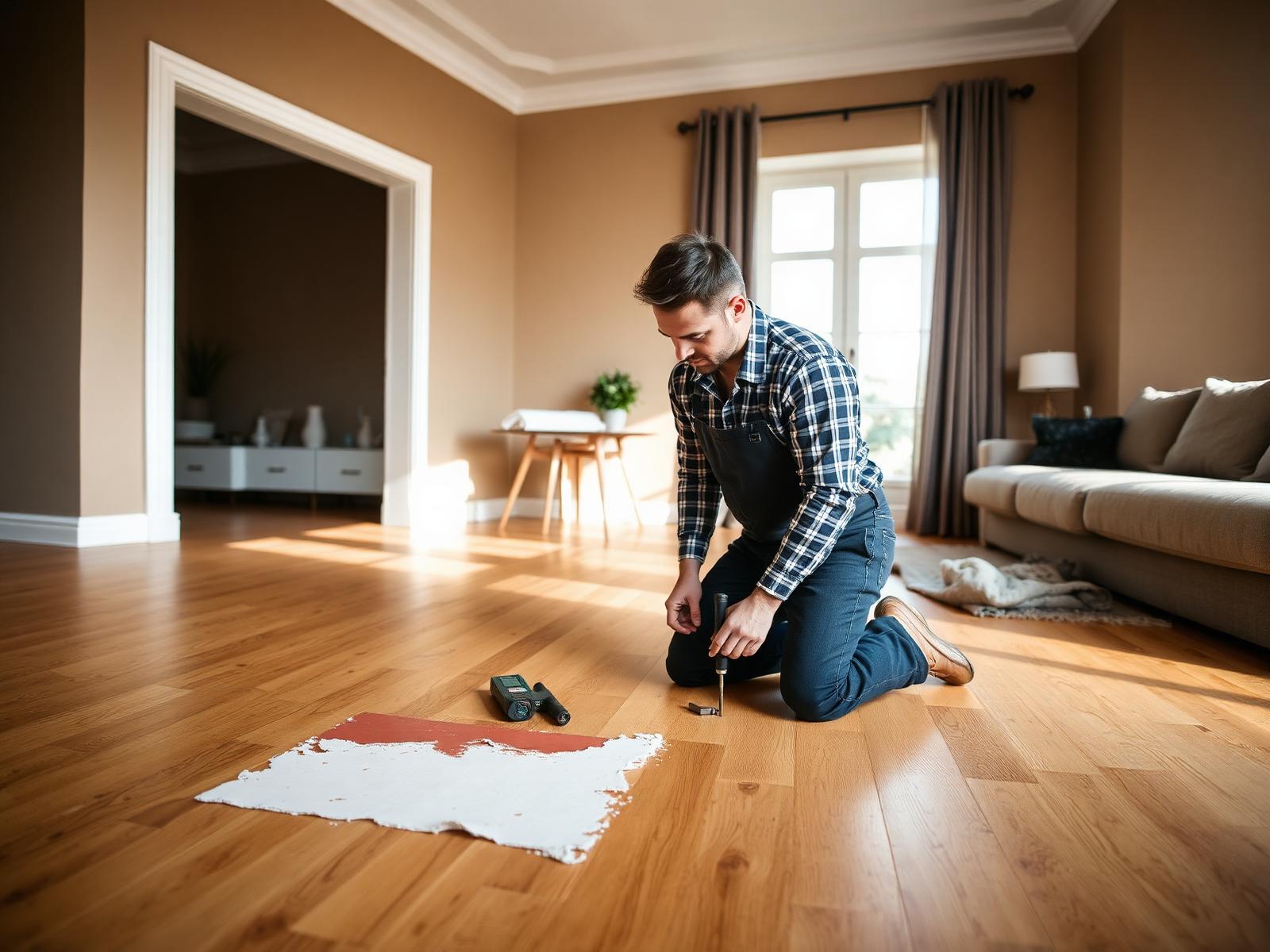 Vakman herstelt schade aan een houten vloer bij de klant thuis