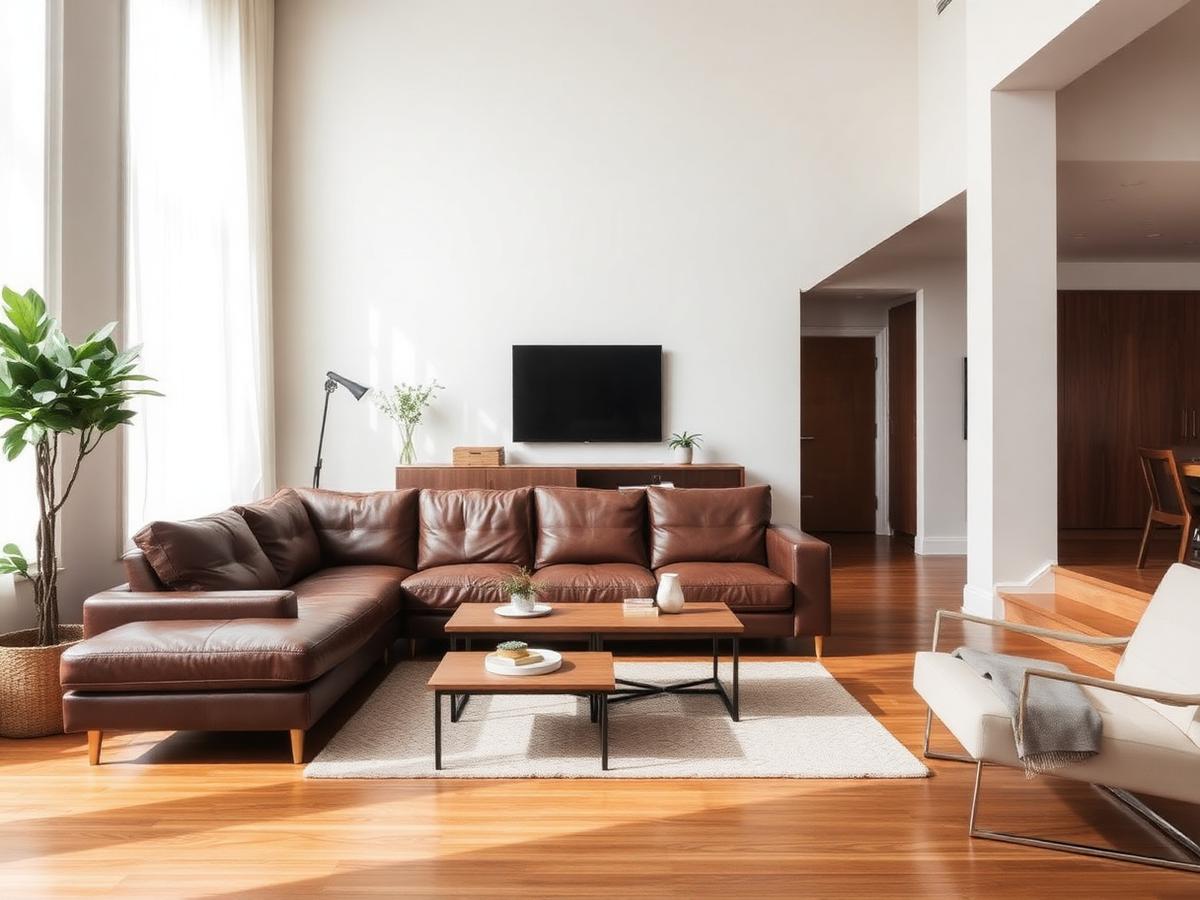 Woonkamer met herstelde leren bank en houten vloer