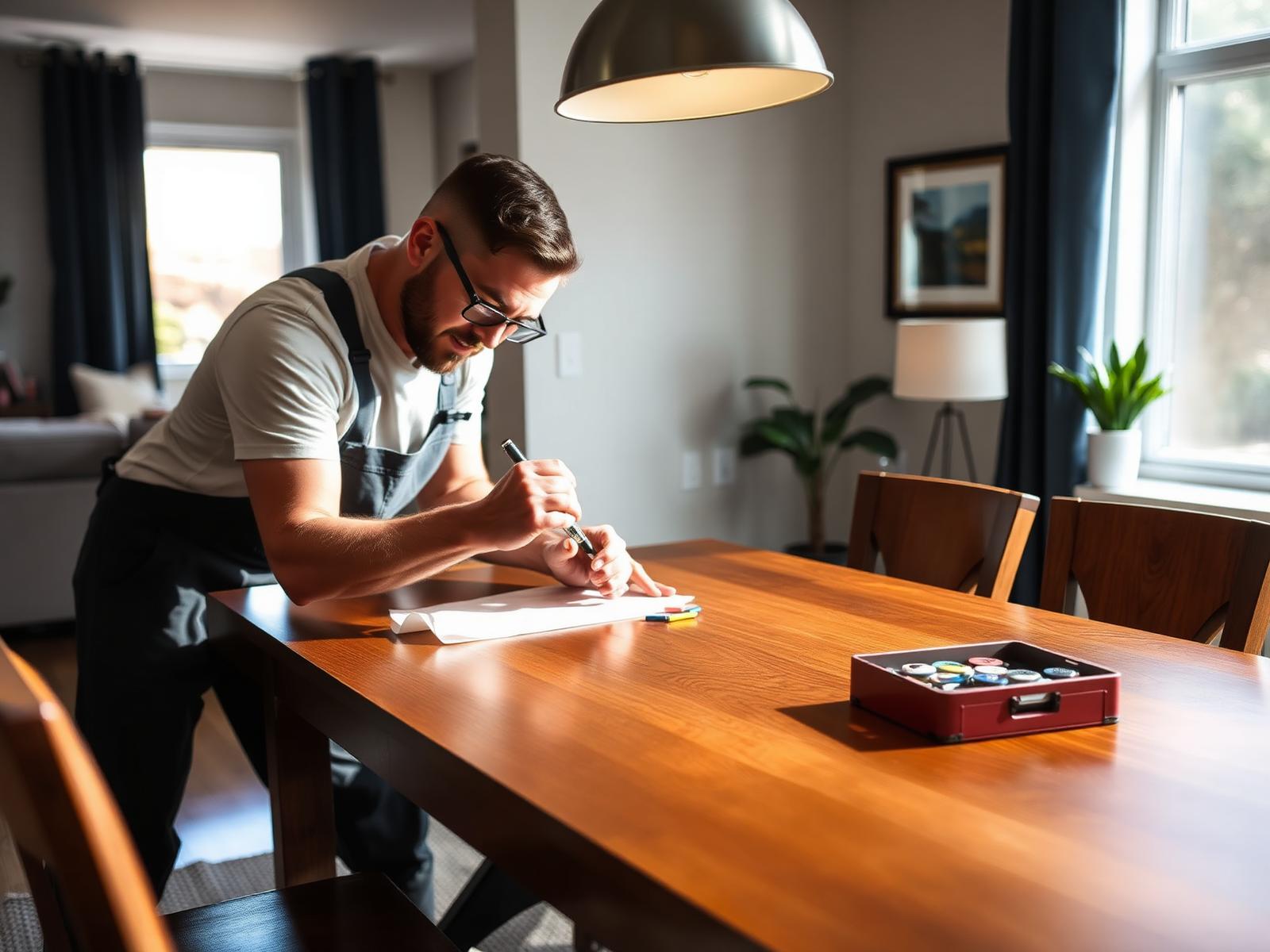 Specialist van RepairArt herstelt schade op locatie met pigmenten en gereedschap